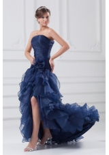 Navy Blue Strapless Ruffles High-low Style Prom Dress