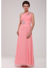Popular Pink One Shoulder Prom Evening Dress with Beading