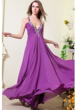 Sexy Purple V-neck Empire Chiffon Beaded Decorate Prom Dress