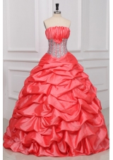 Strapless Watermelon Quinceanera Dress with Sequins and Pick-ups