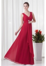 Classical Floor-length Empire V-neck Red Chiffon Prom Dress