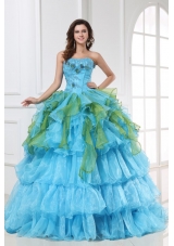Sweet 15 Dress in Aqua Blue and Green with Appliques in Organza
