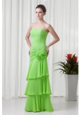 Green Column Ruche and Handle Flowers Chiffon Prom Dresses