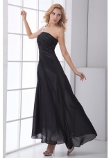 Black Column One Shoulder Ruched Ankle-length Chiffon Prom Dress
