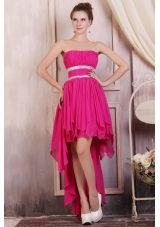 Fashionable Hot Pink High-low Beaded Prom Dress with Ruching