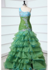 One Shoulder Ruffled Layers and Appliques Organza Prom Gown