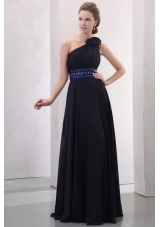 Beautiful One Shoulder Navy Blue Prom Dress with Beading and Flowers