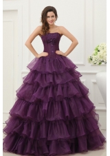 Ruffled Layeres Quinceanera Dress in Dark Purple with Beading