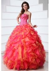 Strapless Floor-length Ruffled Hot Pink and Orange Quinceanera Gowns
