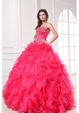 Organza Quinceanera Dress with Beading and Ruffles in Coral Red
