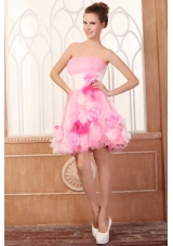 Short Summer Strapless Pink Party Dresses with Hand Made Flowers