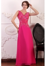 Sleeveless Empire Waist V-neck Embellished Hot Pink Prom Dress