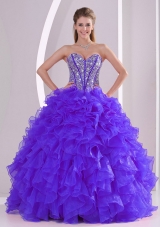2014 Discount Ball Gown Sweetheart Ruffles and Beaing Quinceanera Gowns in Purple