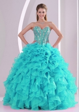 Popular Aqua Blue Ball Gown Ruffles and Beaded Decorate Quinceanera Gowns for Sweet 16
