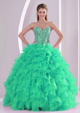 Turquoise Ball Gown Sweetheart Ruffles and Beading Long 2013 Quinceanera Gowns