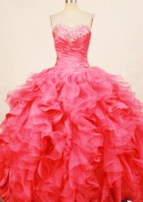 Fasshionable ball gown sweetheart organza beading coral red quinceaenra dress