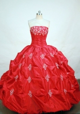 Elegant ball gown strapless floor-length  red taffeta appliques quinceanera dress