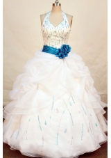 Pretty ball gown halter top floor-length beading sash with turquoise white quinceanera dress