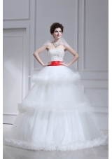 2014 Spring Beautiful Ball Gown Strapless Beading Ruffled Layers Chapel Train Wedding Dress