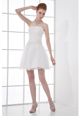 2014 Cheap A-line Strapless Tulle Appliques Wedding Dress with Mini-length
