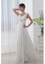 Discount Empire V-neck Floor-length Chiffon White Wedding Dress with Beading