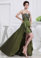 Sweetheart High-low Beading,Ruching Taffeta Olive Green Prom Dress