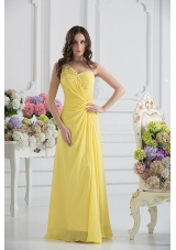 Empire One Shoulder Yellow Chiffon with Beading and Ruching Prom Dress