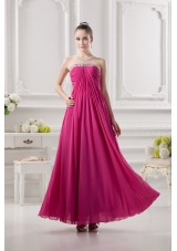 Empire Strapless Ankle-length Beading Chiffon Hot Pink Prom Dress