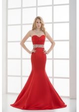 Red Mermaid Sweetheart Sleeveless Beading and Ruching Prom Dress