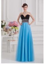Aqua Blue and Black Empire Sweetheart Tulle Prom Dress with Beading