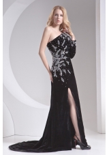 Column Black One Shoulder Beading High Slit Special Fabric Prom Dress