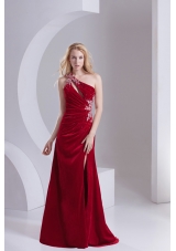 Column One Shoulder Special Fabric Beading High Slit Wine Red Prom Dress