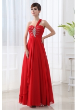 Empire One Shoulder Beading and Ruching Long Red Prom Dress