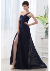 Empire Ruffles High Slit One Shoulder High Slit Navy Blue Prom Dress