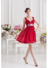 Red Empire Straps Prom Dress with Ribbons and Beading