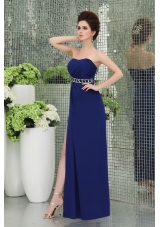 Spaghetti Straps Prom Dress with High Slit Ruchings Empire Blue Chiffon Belt