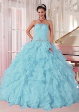 2014 Low Price puffy Light Blue Discount Quinceanera Dress with Beading and Ruffles