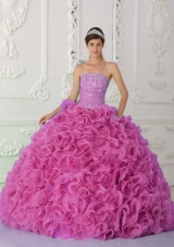 Ball Gown Strapless Organza Beaded Hot Pink Cheap Quinceanera Dress