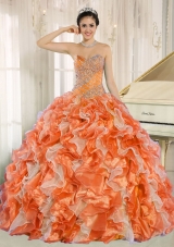 Beaded and Ruffles Custom Made For 2013 Orange Sweetheart Cheap Quinceanera Dress