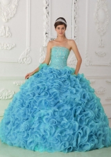 Organza Ball Gown Strapless Beading Blue 2013 Quinceanera Dress with Ruffles