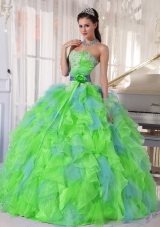 Spring Green and Blue Organza Appliques and Ruffles 2013 Quinceanera Dress