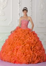 Ball Gown Strapless Organza Beading Orange Red New Style Quinceanera Dress