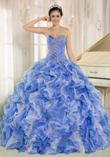 Beaded Bodice and Ruffles Custom Made Blue and White Multi-Colored Quinceanera Dress