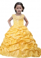 Yelloow Appliques Scoop Taffeta Pick-ups Little Girl Pageant Dresses for 2014