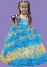 Strapless Appliques and Ruffles Little Girl Pageant Dress in Blue and Gold