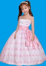 Strapless Embroidery Little Girl Pageant Dress in White and Pink