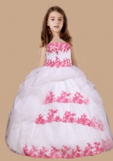 Strapless White Long Little Girl Pageant Dress with Red Appliques
