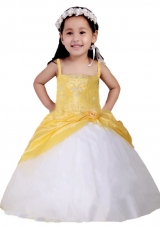 White and Yellow Spaghetti Straps Little Girl Pageant Dress with Appliques