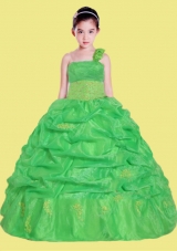 Beautiful Appliques One Shoulder Little Girl Pageant Dress in Green