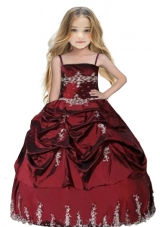 Spaghetti Straps Appliques and Pick-ups Little Girl Pageant Dress in Burgundy